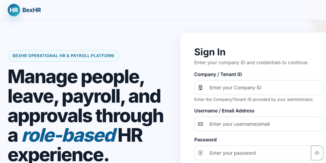 BexHR sign-in screen