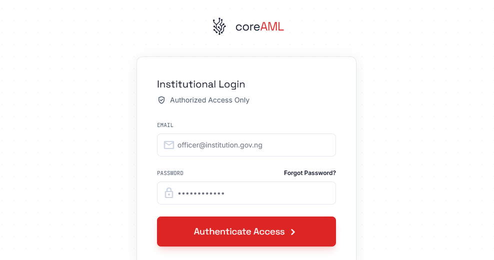 coreAML institutional login screen
